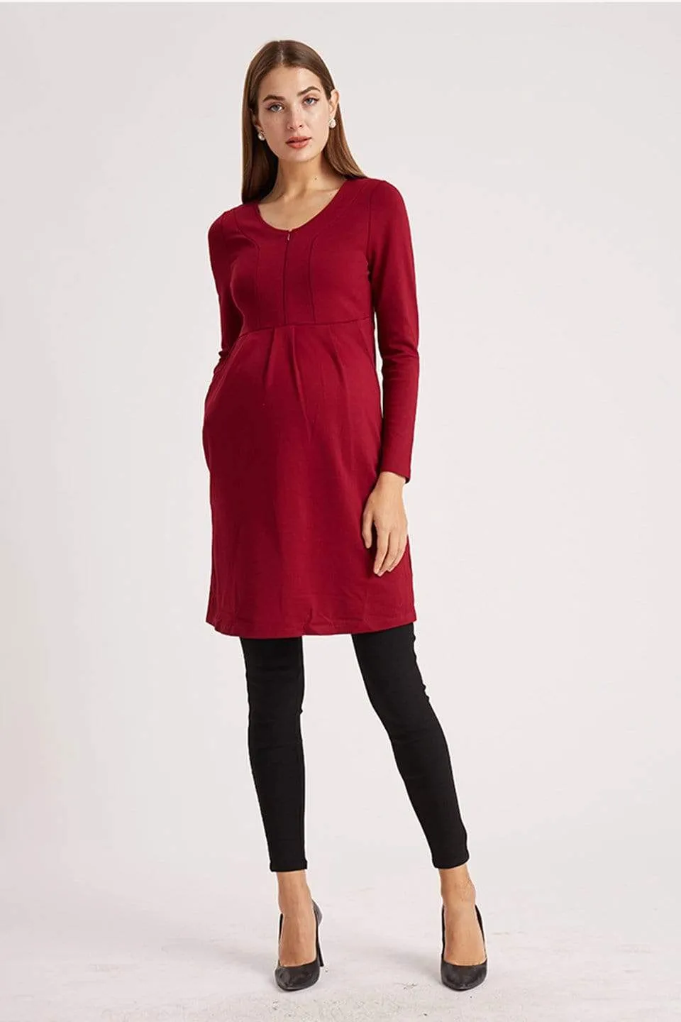 Knitted Bente Long Sleeve V-Neck Maternity Dress Nursing Wine