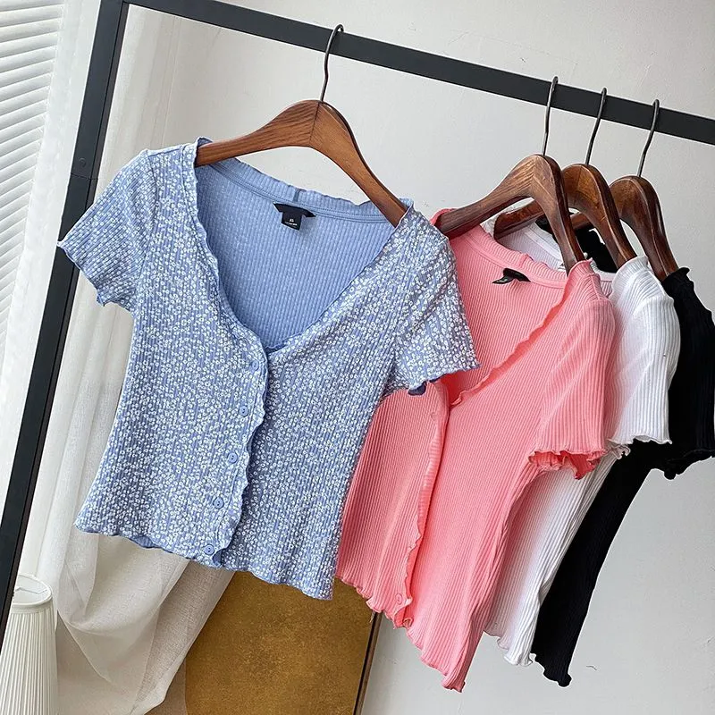 Knitted Short Sleeve Button Down Crop Top Tshirts