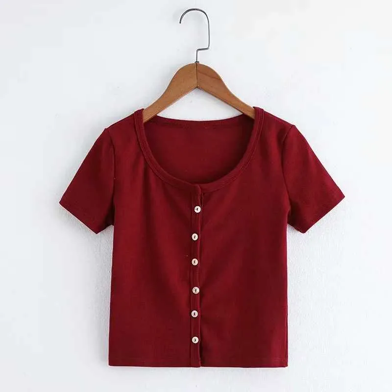 Knitted Short Sleeve Button Down Crop Top Tshirts