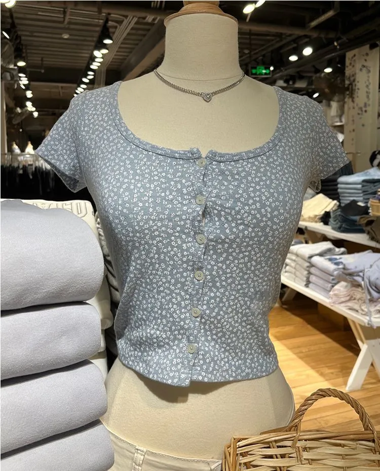 Knitted Short Sleeve Button Down Crop Top Tshirts