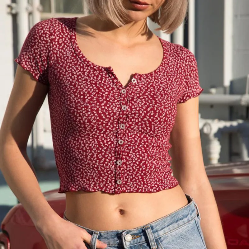 Knitted Short Sleeve Button Down Crop Top Tshirts