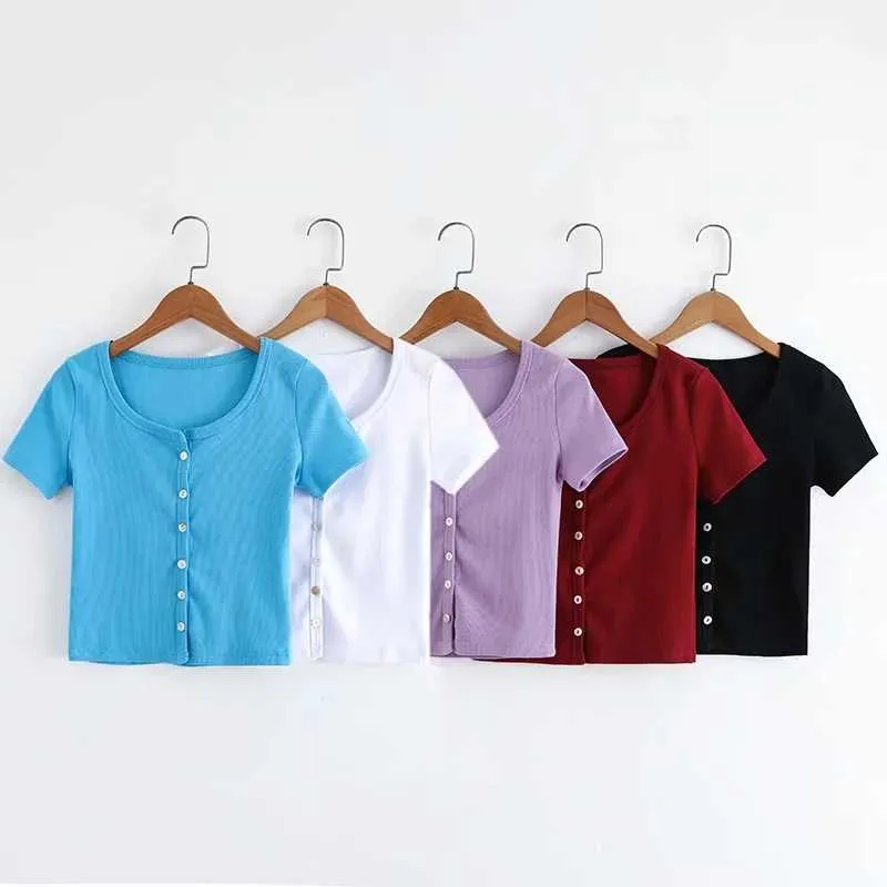 Knitted Short Sleeve Button Down Crop Top Tshirts