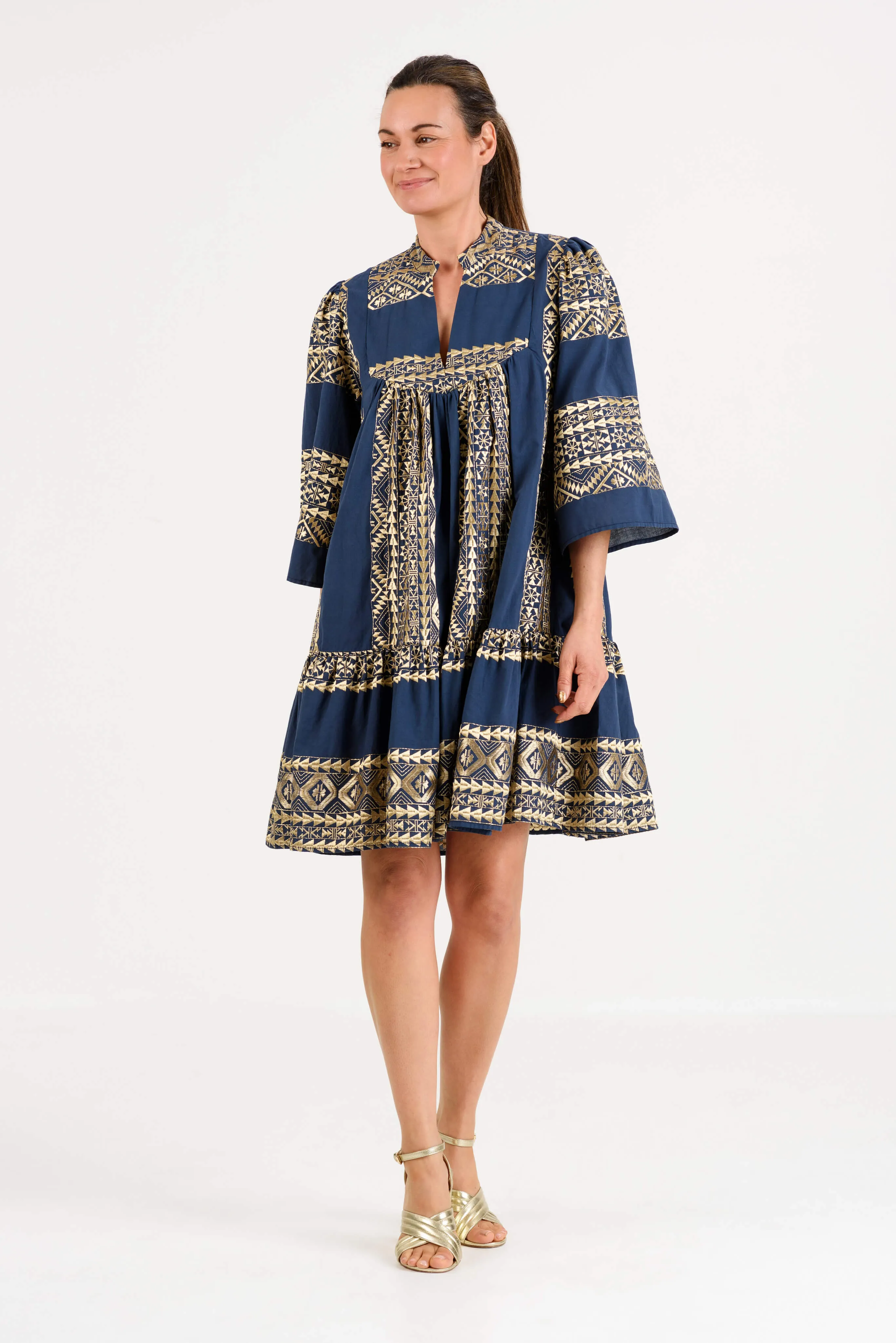 Kori Short Cotton Dress | Navy & Gold