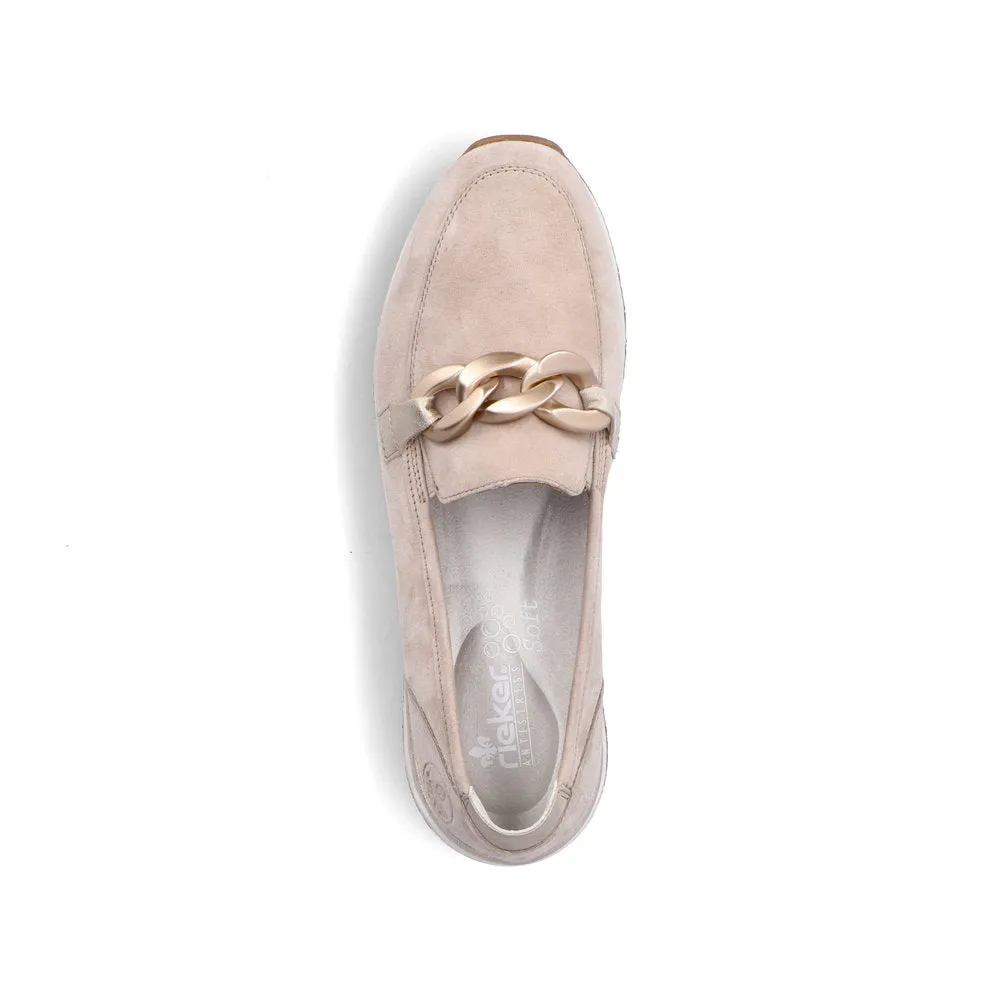 Ladies Rieker Slip On Shoes Rose Gold Buckle Detail Cream Suede 58944-60 sale