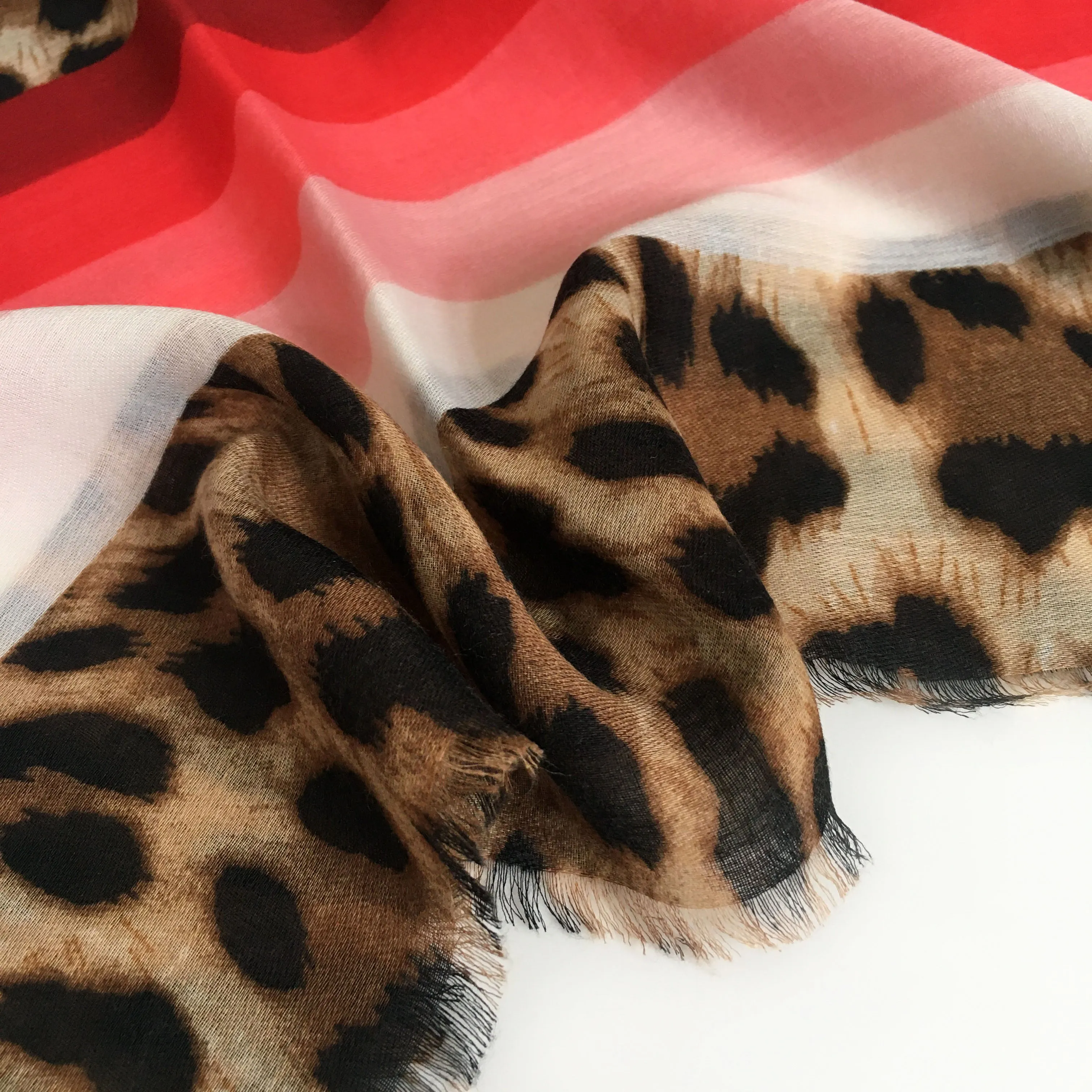 LARGE LEOPARD PRINT SHAWL SCARF WITH RED STRIPES