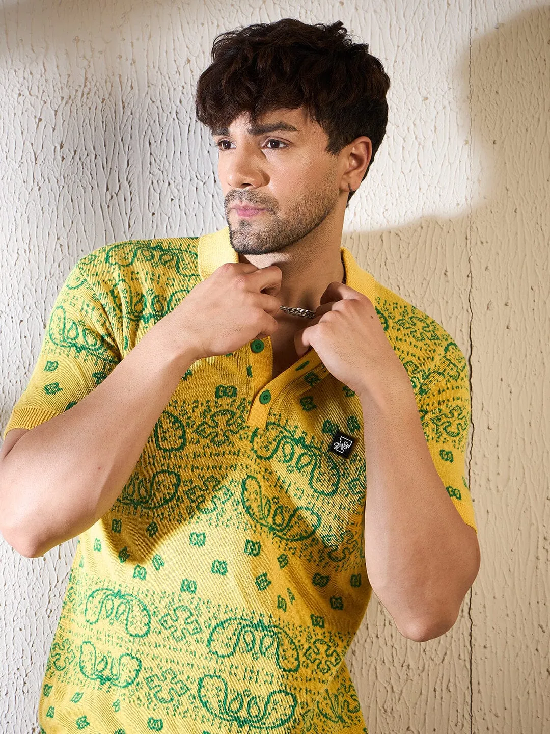 Lemon Paisley Knitted Polo Tshirt