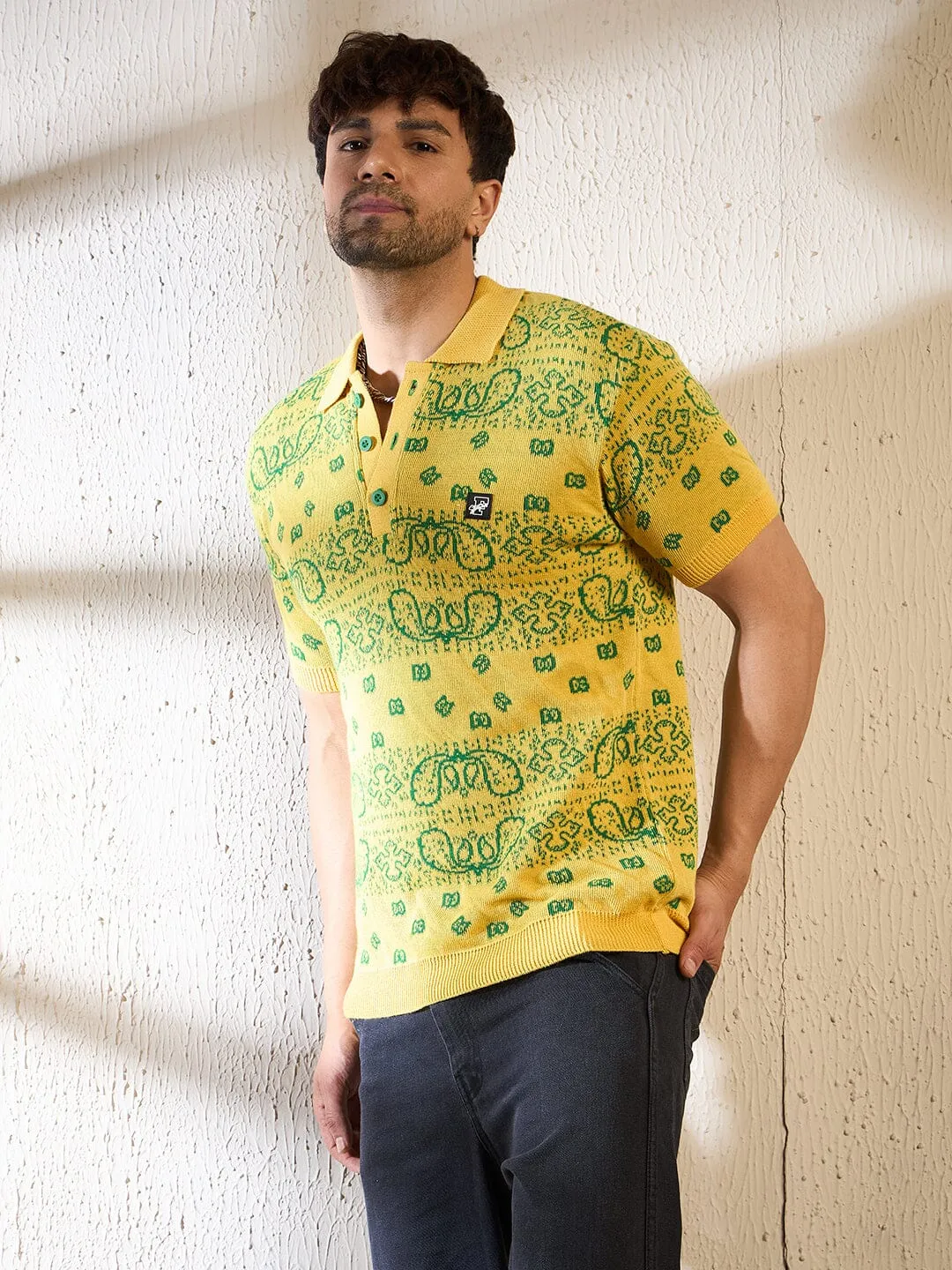 Lemon Paisley Knitted Polo Tshirt