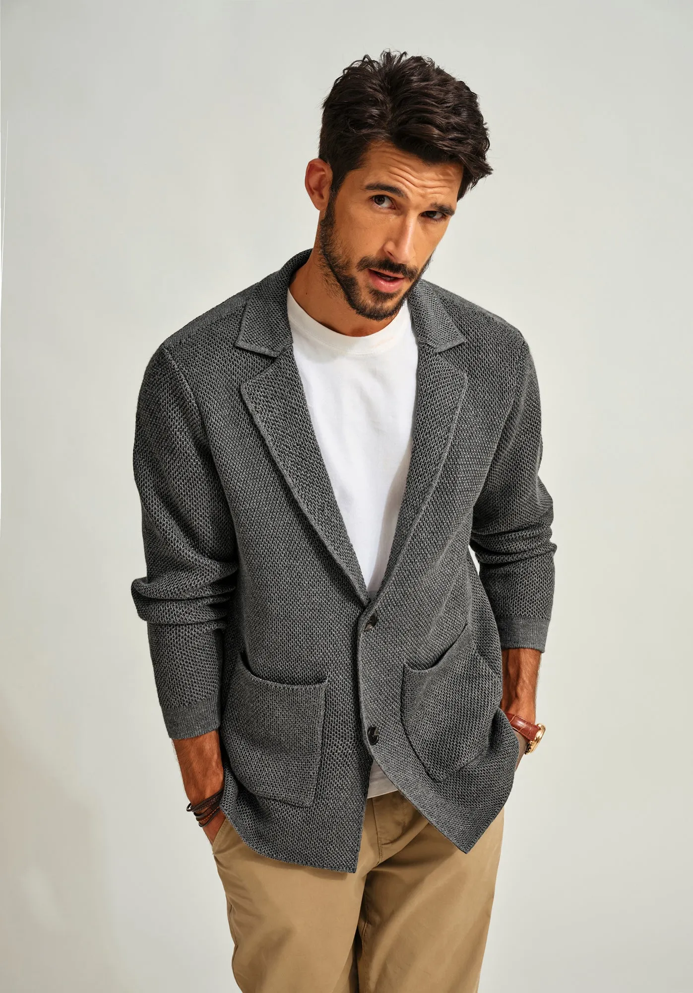 Men Notch Lapel Cardigan Long Sleeve V-Neck Two-Button Sweater Knitwear