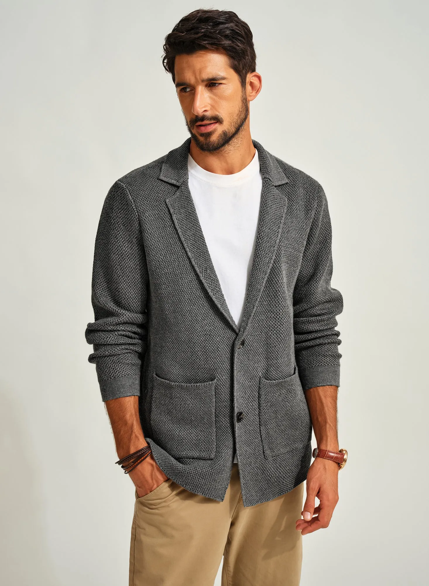 Men Notch Lapel Cardigan Long Sleeve V-Neck Two-Button Sweater Knitwear