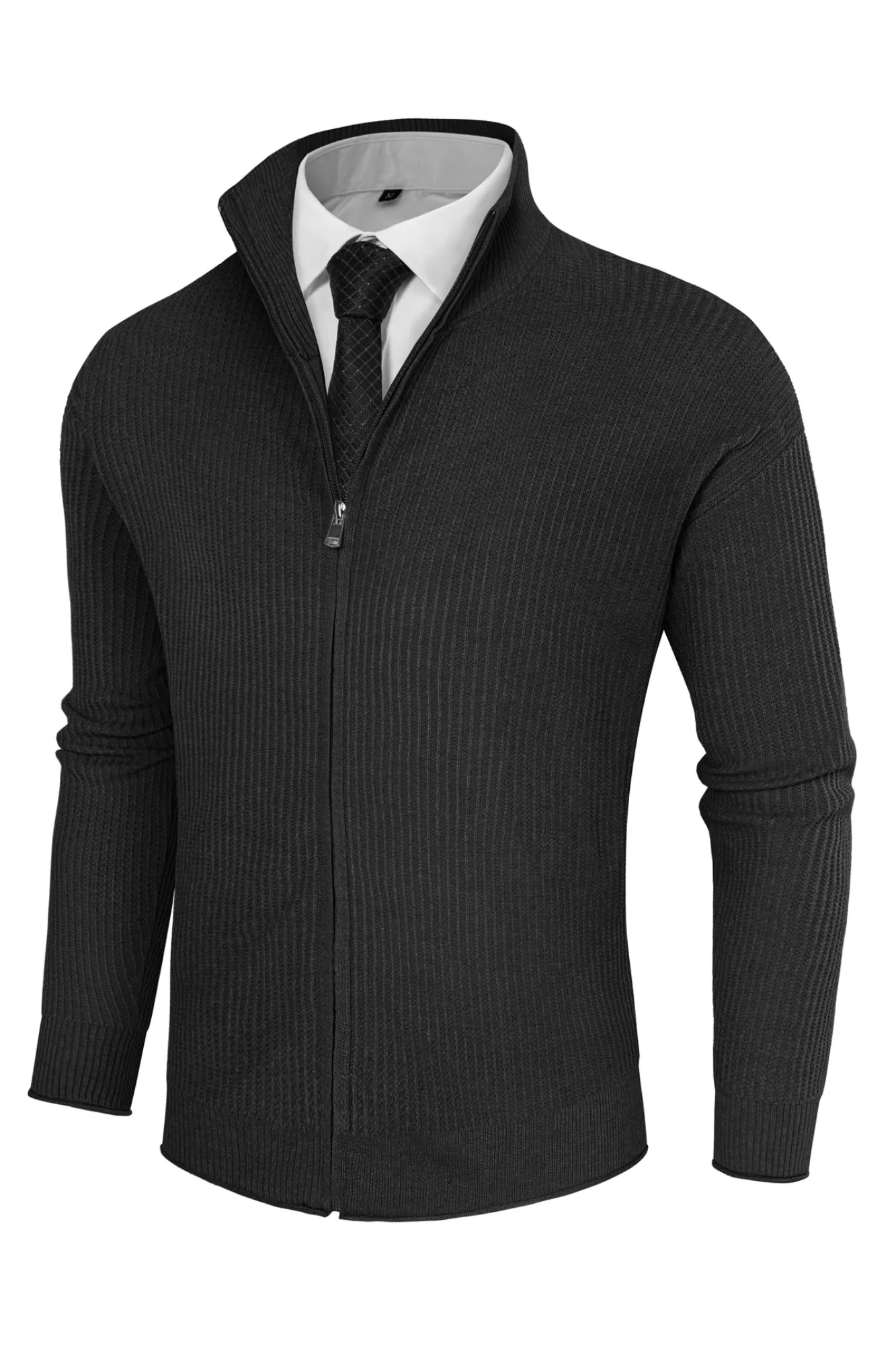 Men Zip-up Cardigan Long Sleeve Stand Collar Dropped Shoulder Sweater