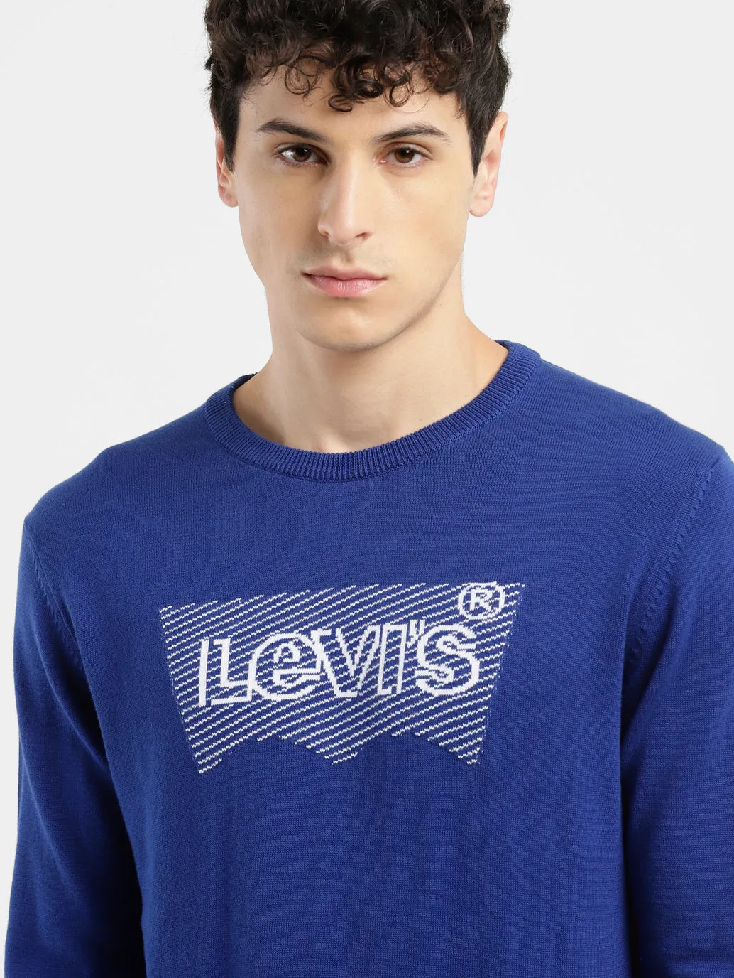 Men's Brand Logo Blue Crew Neck Sweater