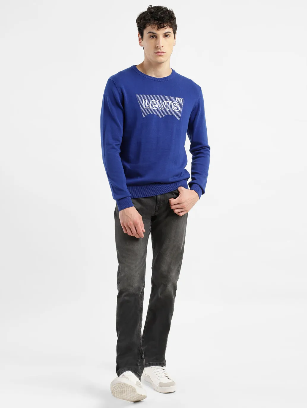 Men's Brand Logo Blue Crew Neck Sweater