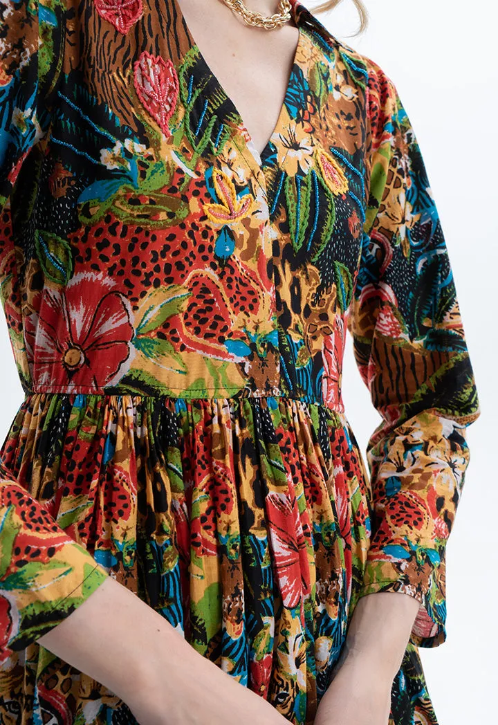 Multicolored Embellished Long Printed Dress