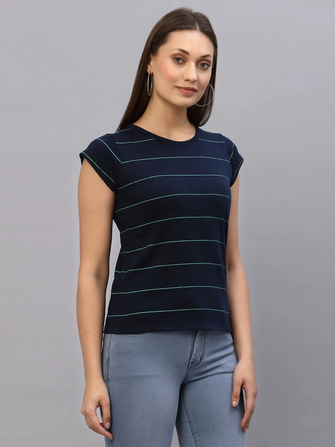 Navy Blue Stripes Round Neck Top