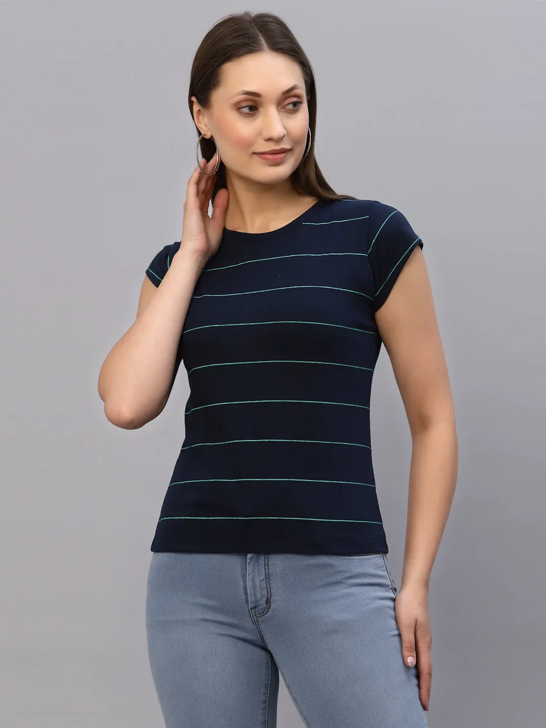 Navy Blue Stripes Round Neck Top