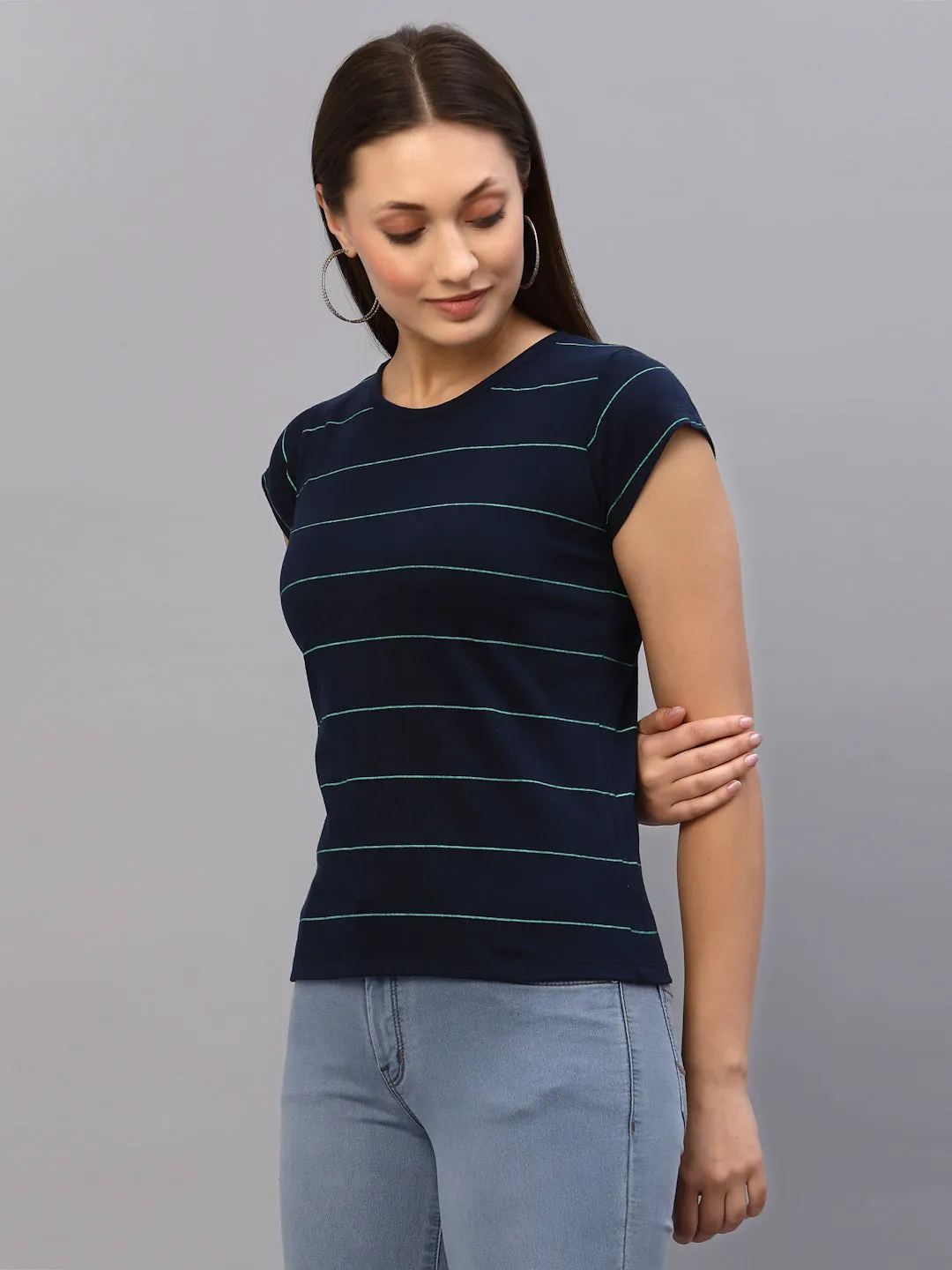 Navy Blue Stripes Round Neck Top