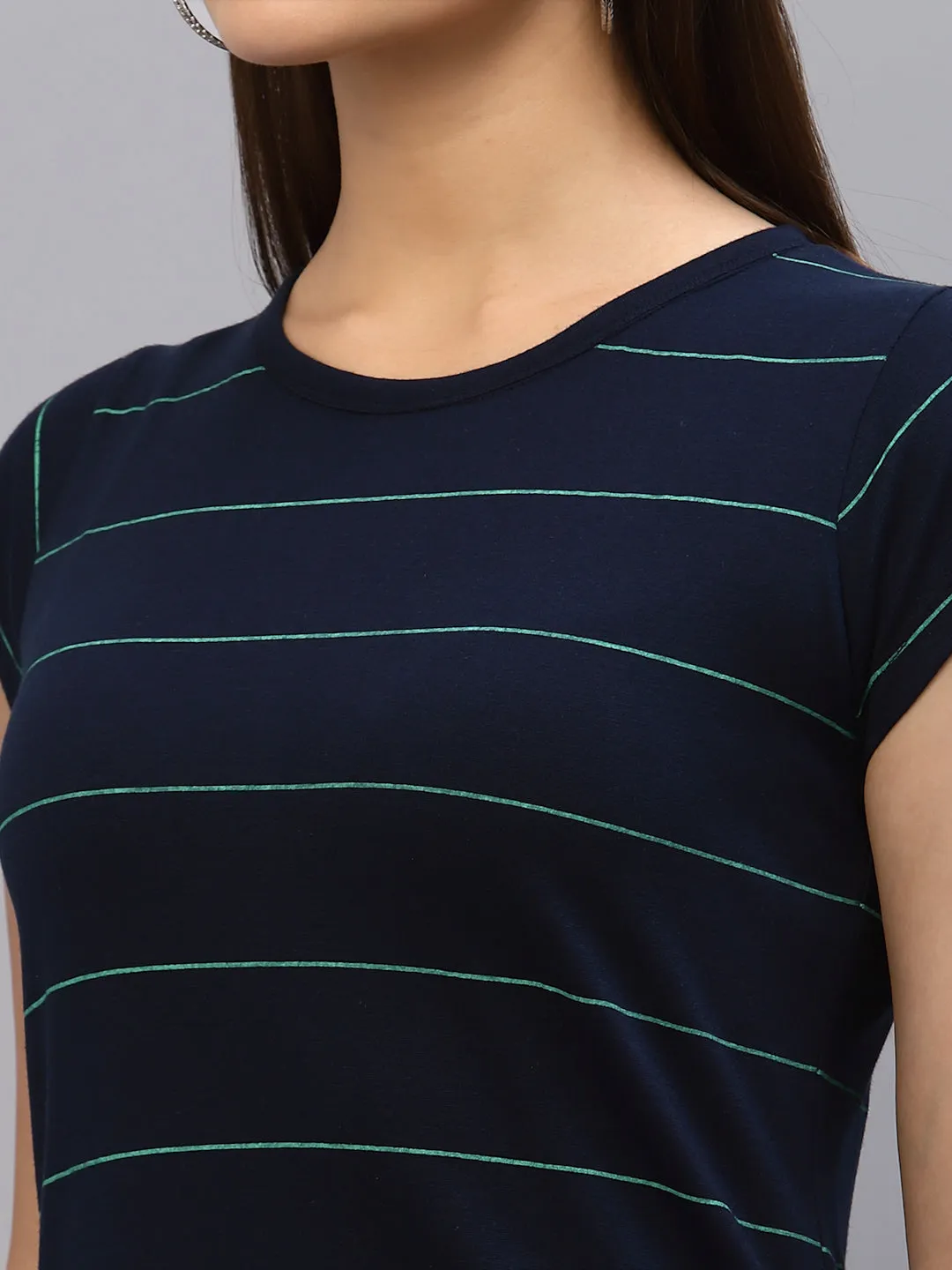 Navy Blue Stripes Round Neck Top