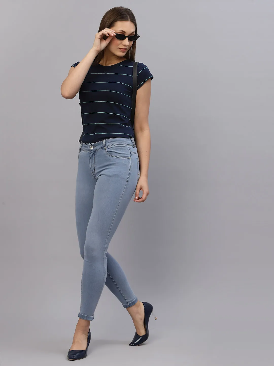 Navy Blue Stripes Round Neck Top