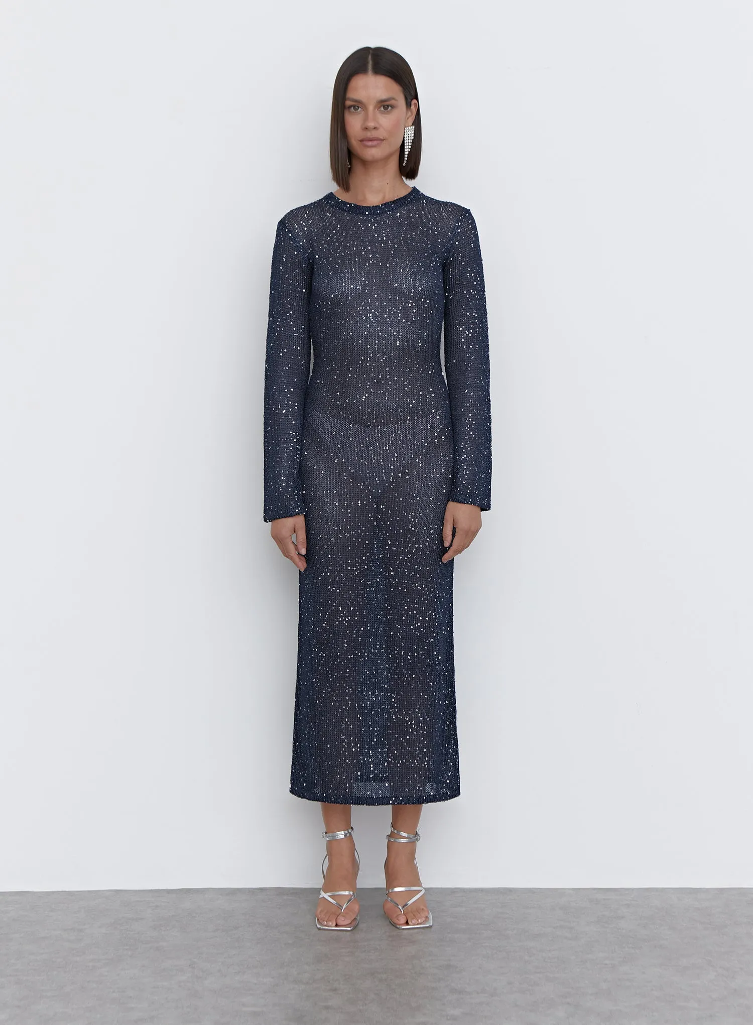 Navy Sequin Knitted Midaxi Dress - Sisca