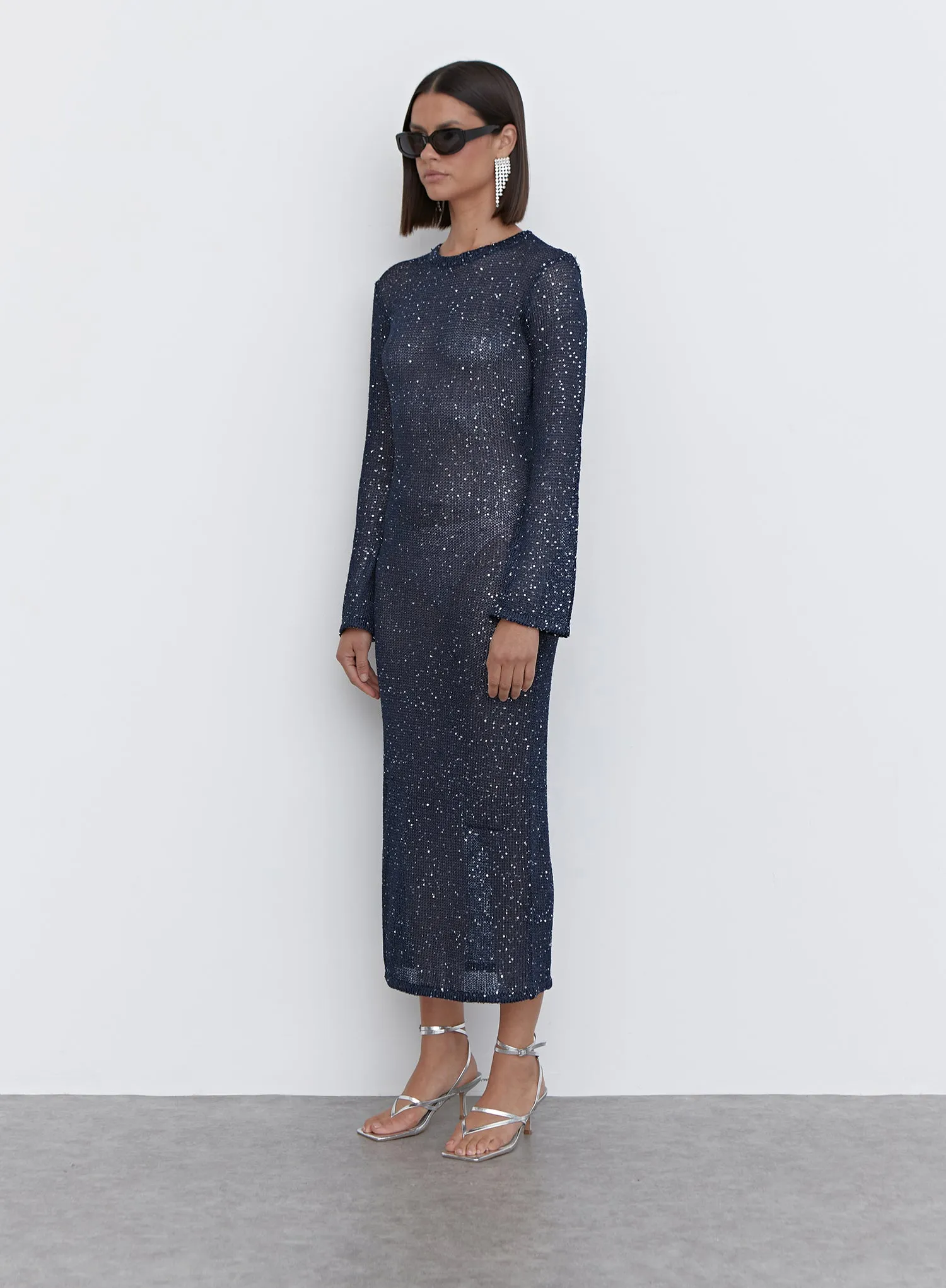 Navy Sequin Knitted Midaxi Dress - Sisca