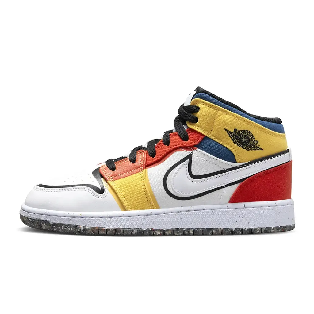 Nike Air Jordan 1 Mid Kids Shoes - White/Black/Red/Yellow/Blue