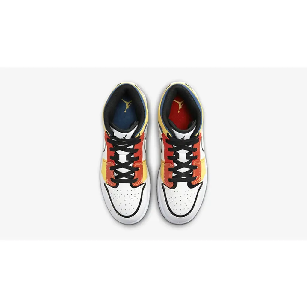 Nike Air Jordan 1 Mid Kids Shoes - White/Black/Red/Yellow/Blue