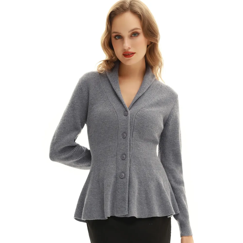 Peplum Hem Cardigan Sweater Long Sleeve Shawl Lapel Button-up Knitwear