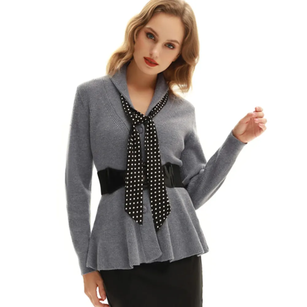 Peplum Hem Cardigan Sweater Long Sleeve Shawl Lapel Button-up Knitwear