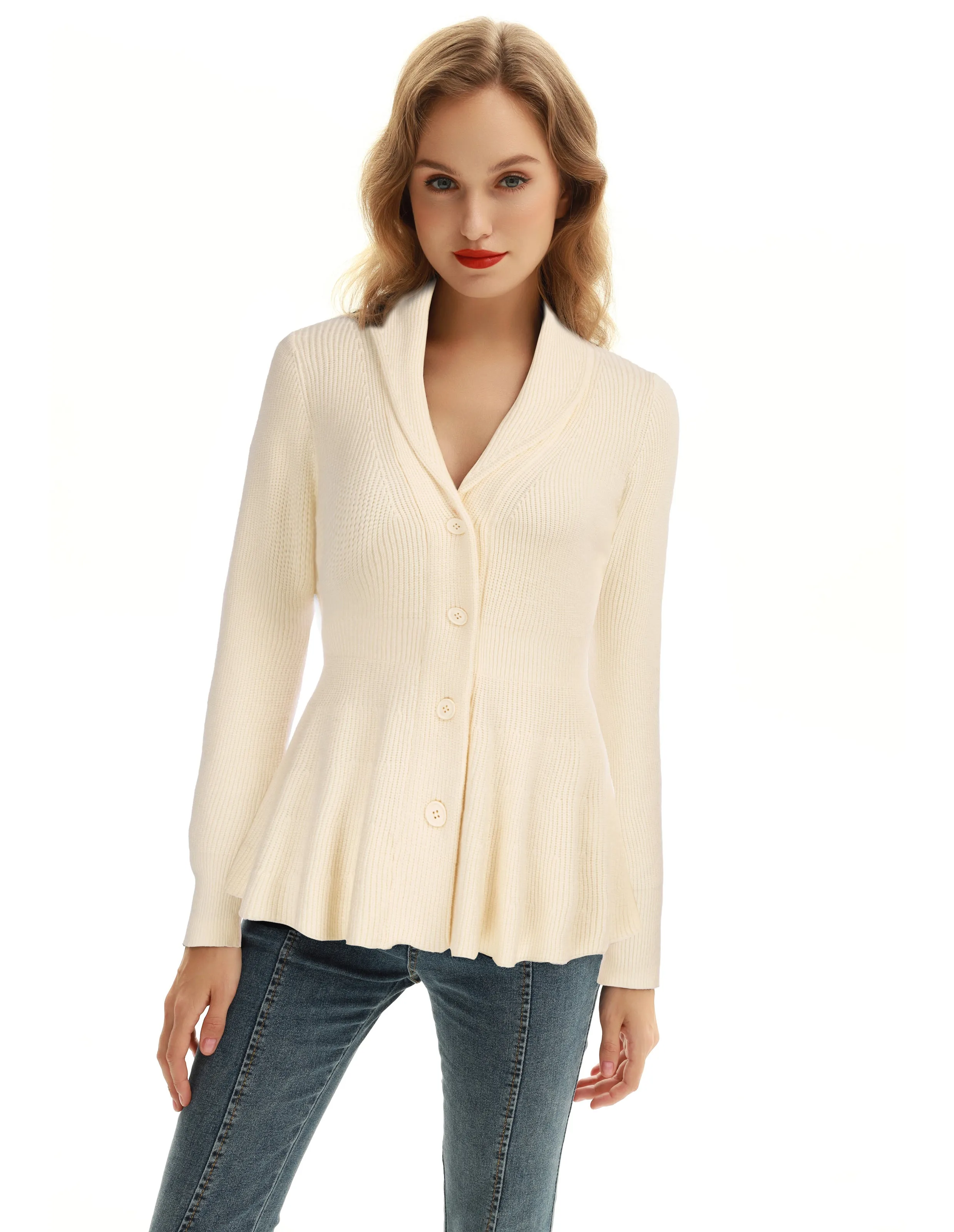 Peplum Hem Cardigan Sweater Long Sleeve Shawl Lapel Button-up Knitwear