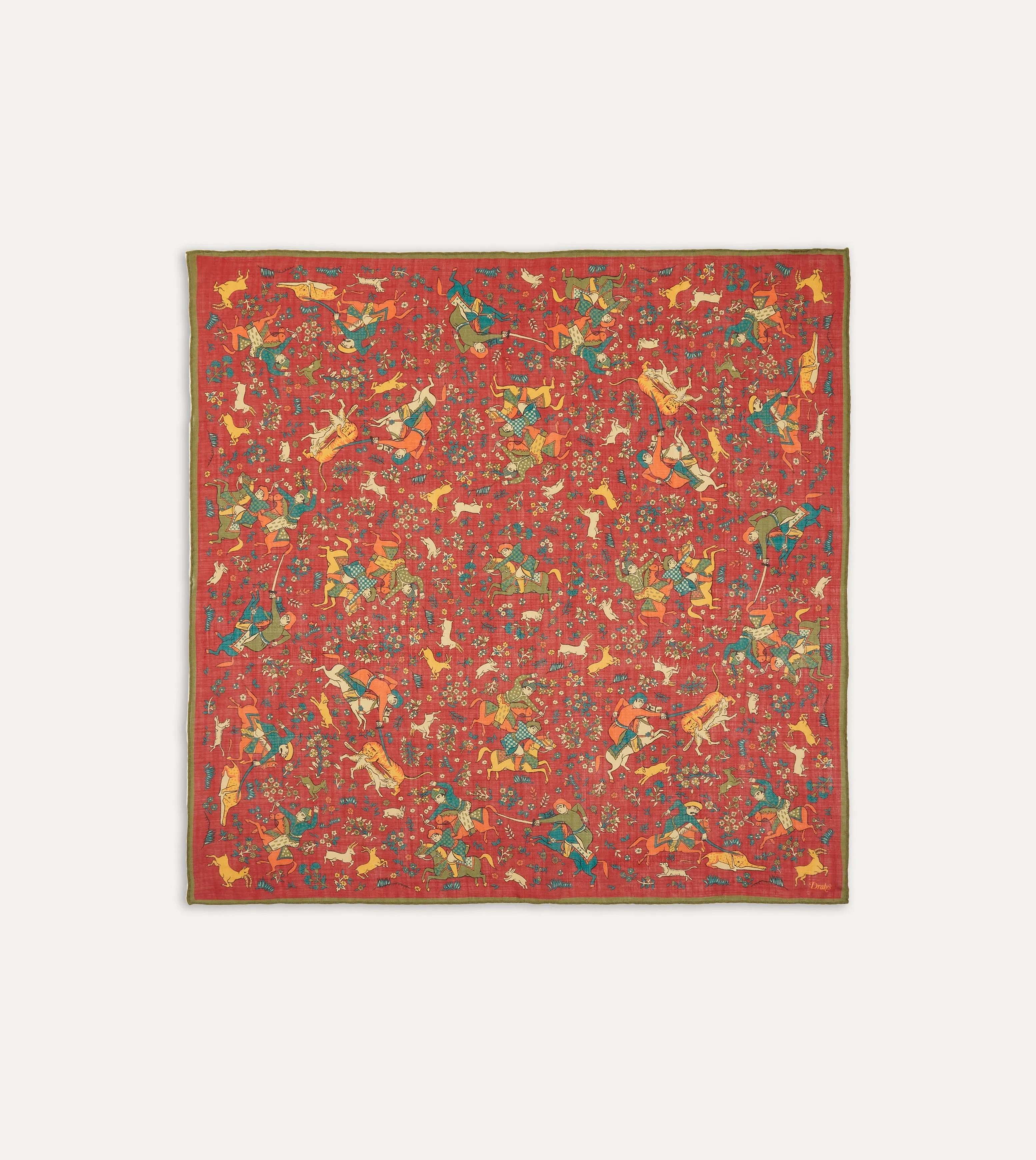 Red Mughal Print Wool-Silk Square Scarf