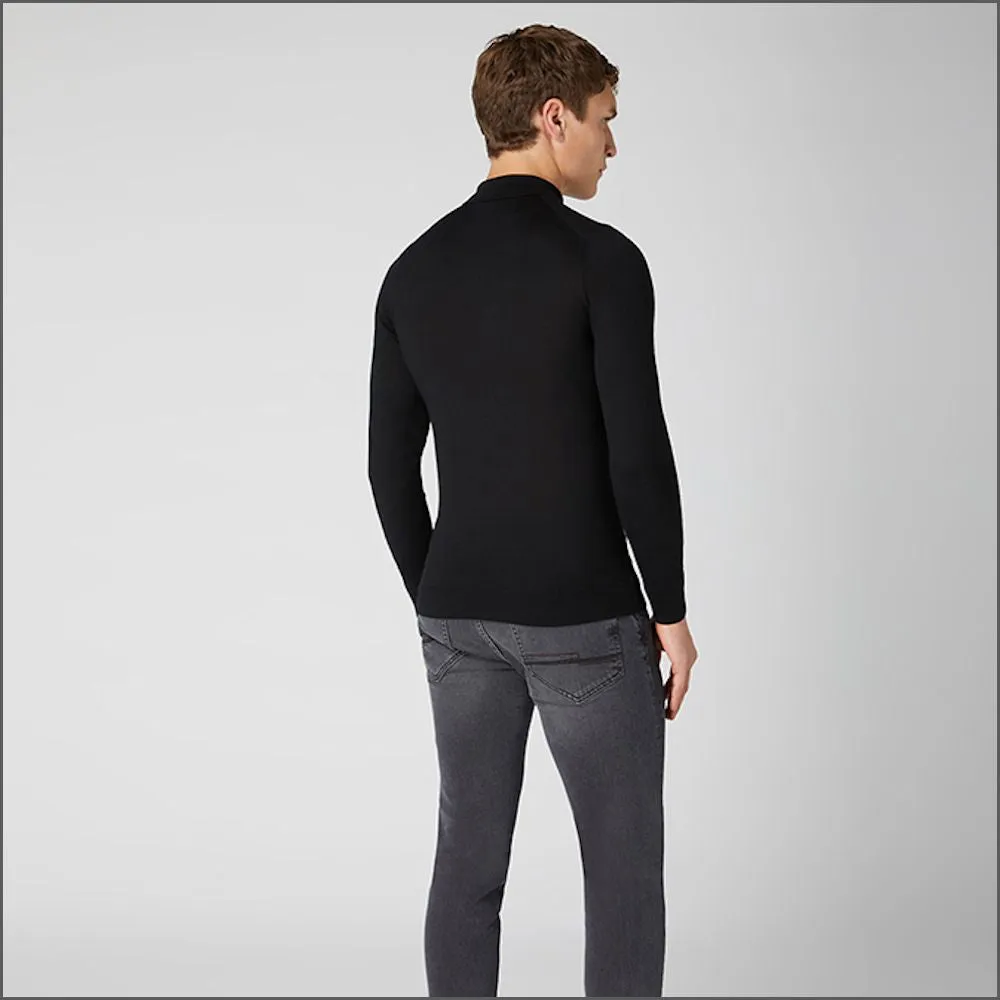 Reums Uomo Black Slim Fit Merino Wool-Blend Long Sleeve knitted Polo>>