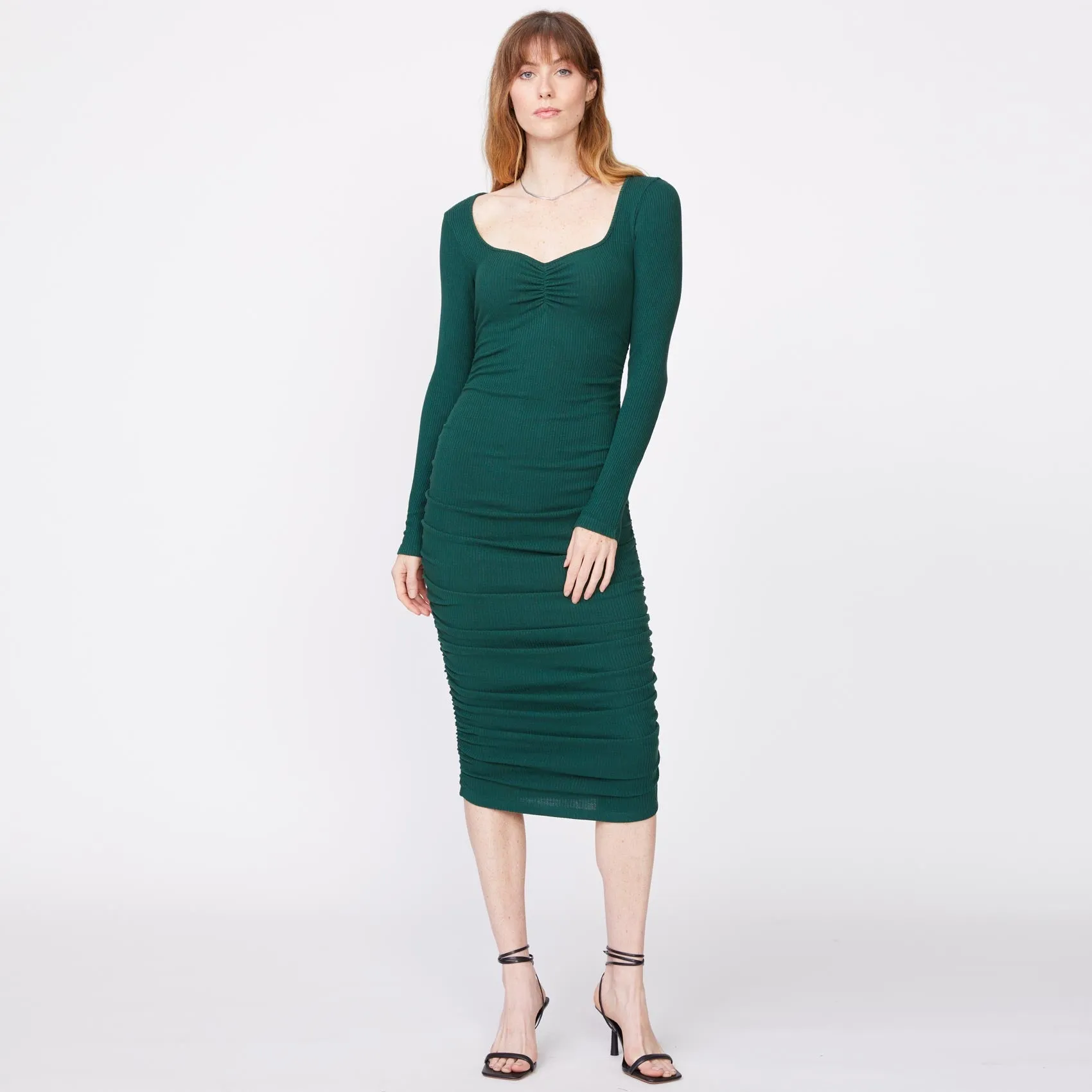 Rib Shirred Long Sleeve Dress