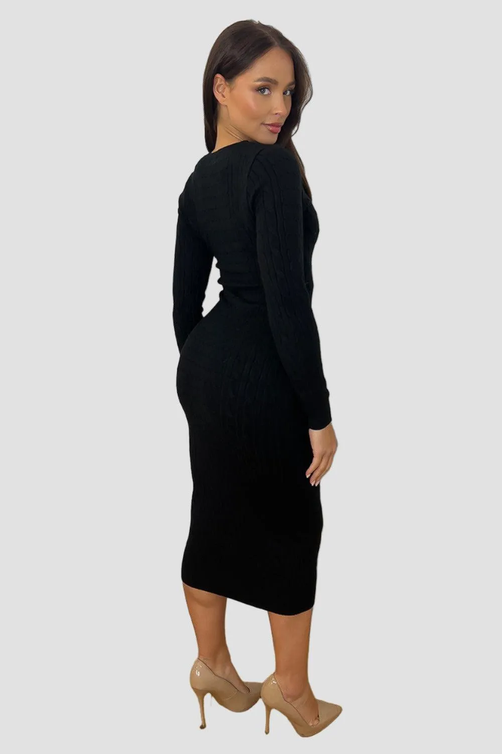 Shirred Knit Deep V-Neck Midi Knitted Dress