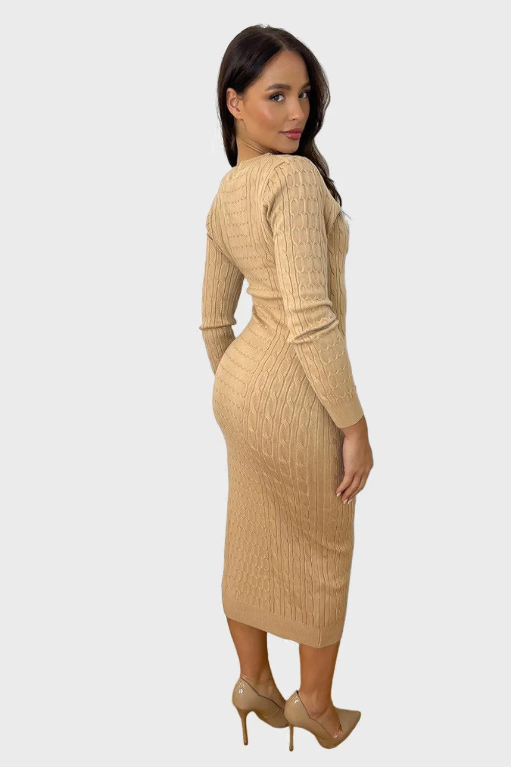 Shirred Knit Deep V-Neck Midi Knitted Dress