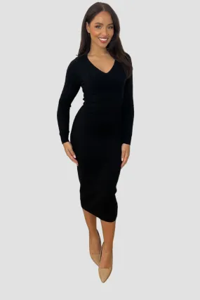 Shirred Knit Deep V-Neck Midi Knitted Dress