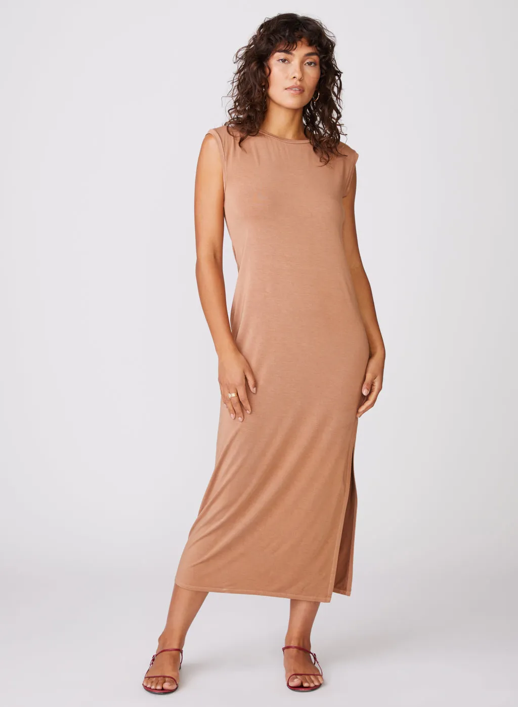 Stateside Luxe Jersey Boatneck Midi Dress with Side Slit in Cafe