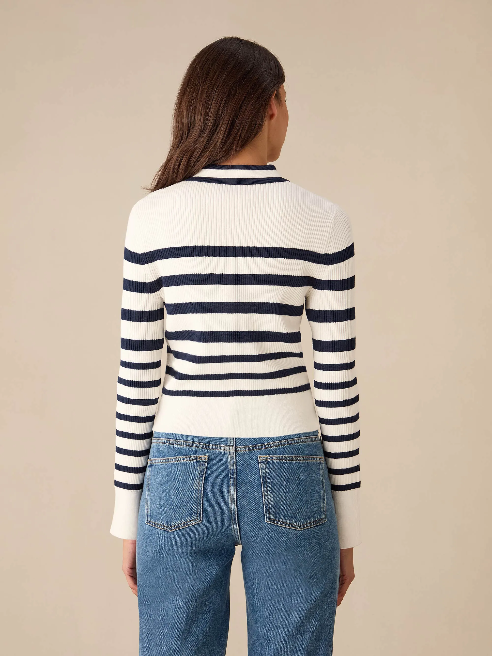 Stripe Ribbed Knitted Collared Cardigan