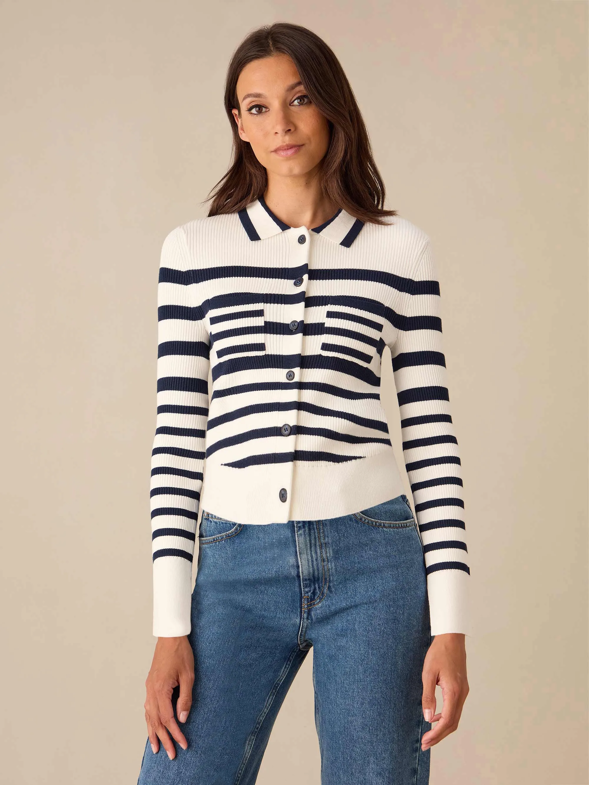 Stripe Ribbed Knitted Collared Cardigan