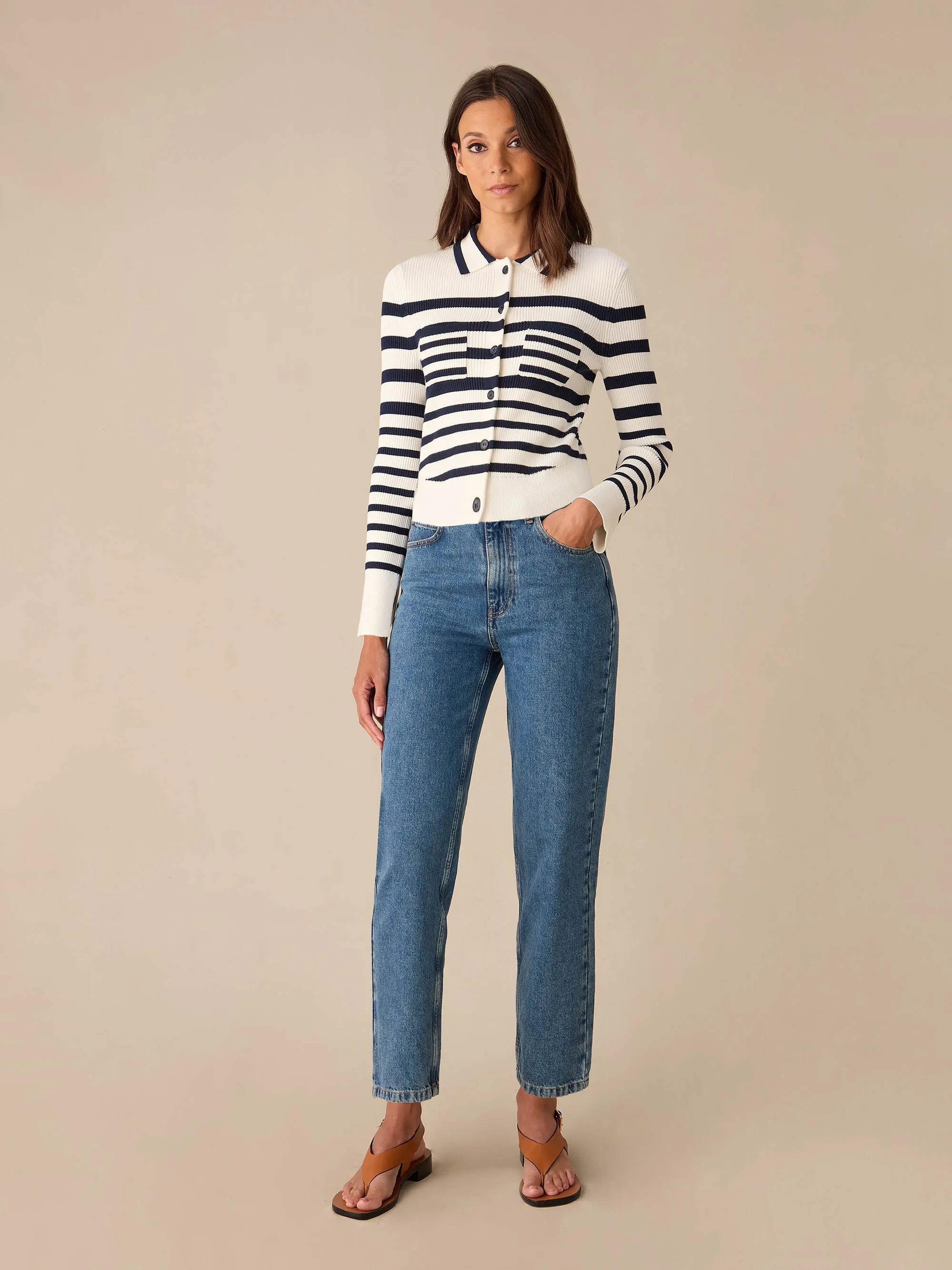 Stripe Ribbed Knitted Collared Cardigan