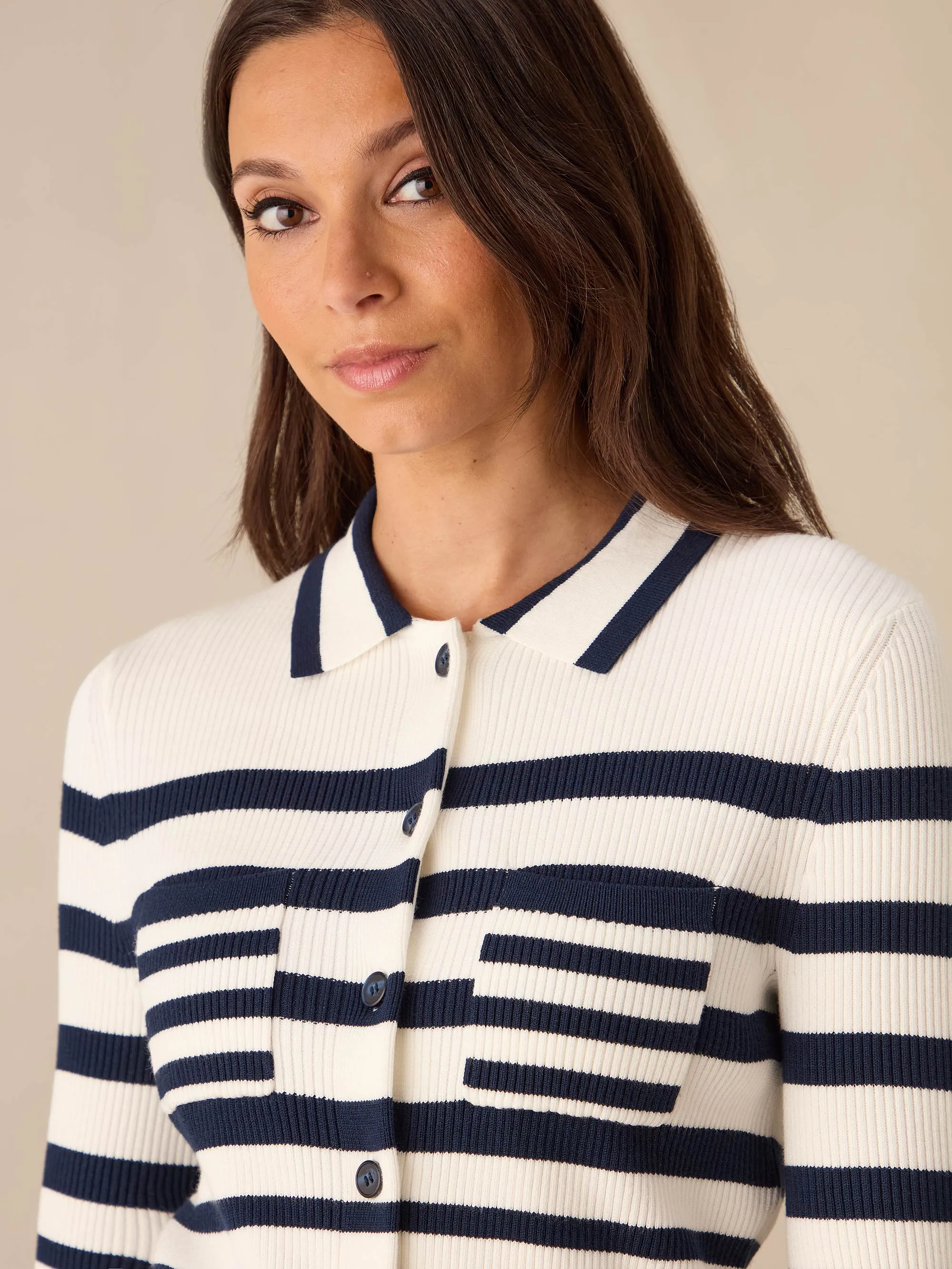 Stripe Ribbed Knitted Collared Cardigan