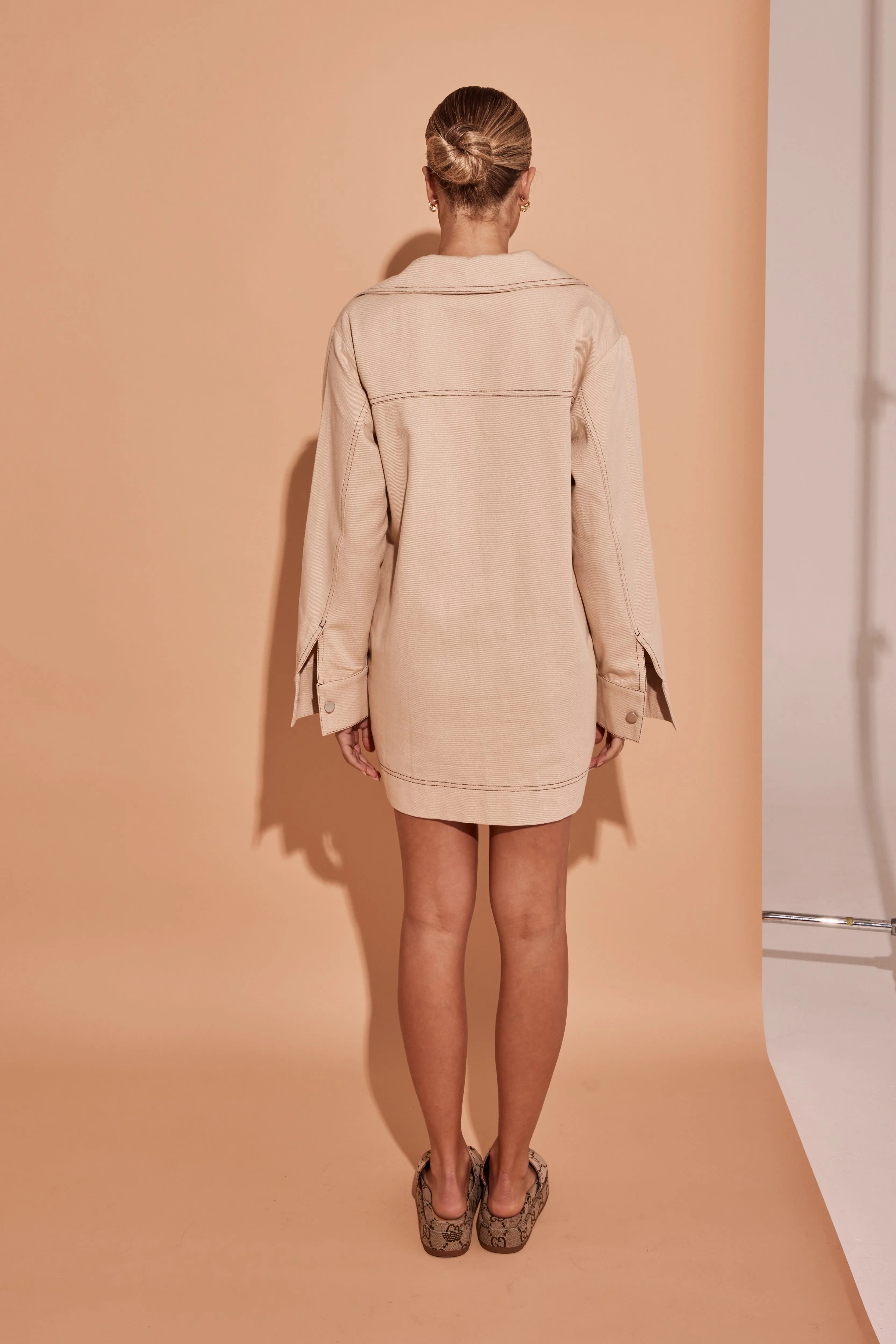 Tara Mini Long-Sleeve Dress (Beige)