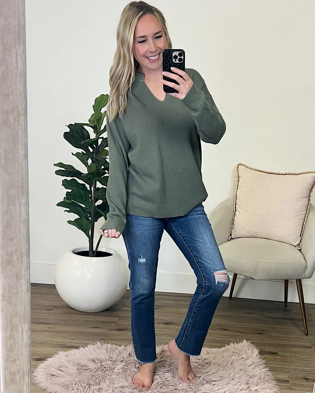 Whitney Baby Waffle Split Neck Sweater - Olive