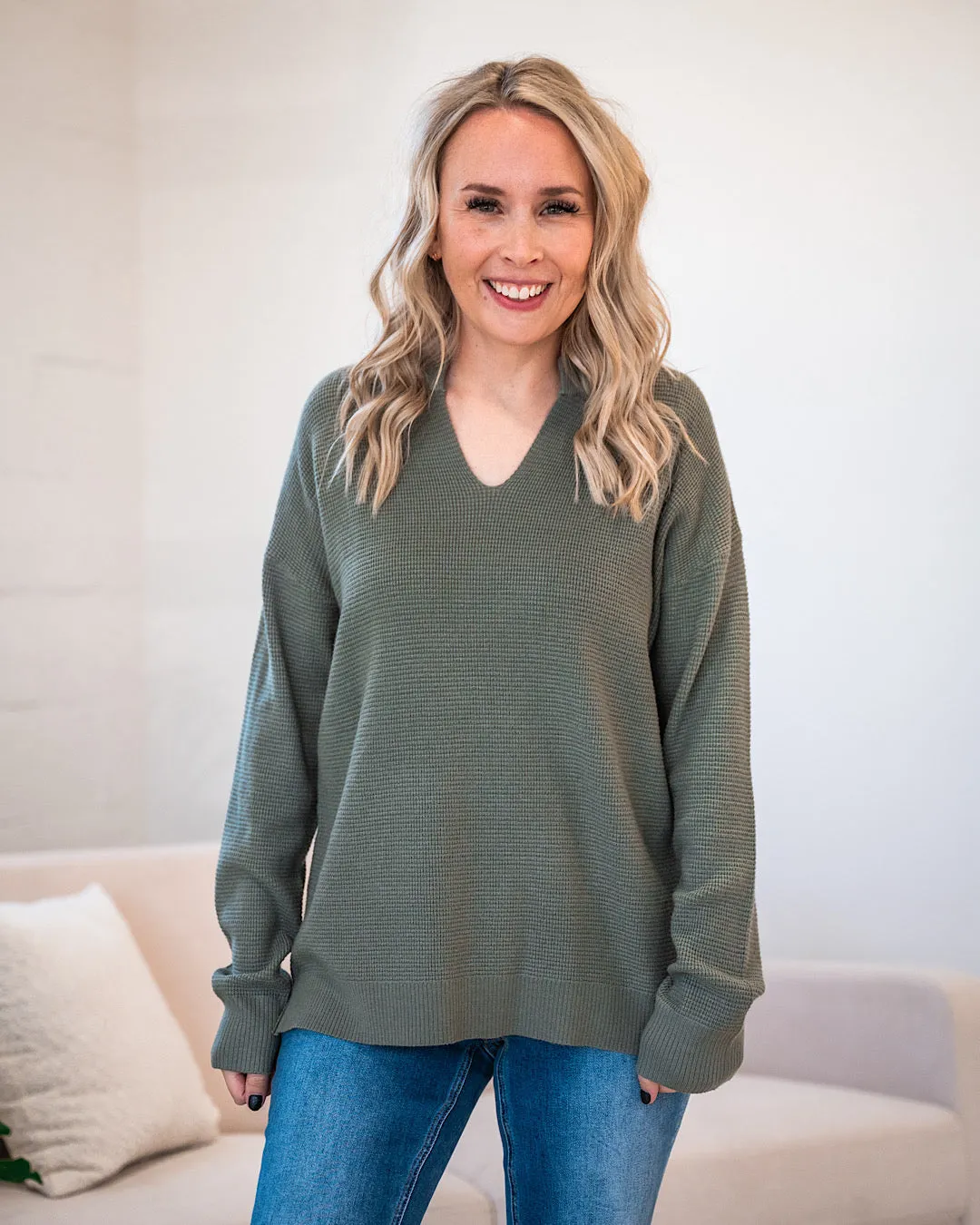 Whitney Baby Waffle Split Neck Sweater - Olive